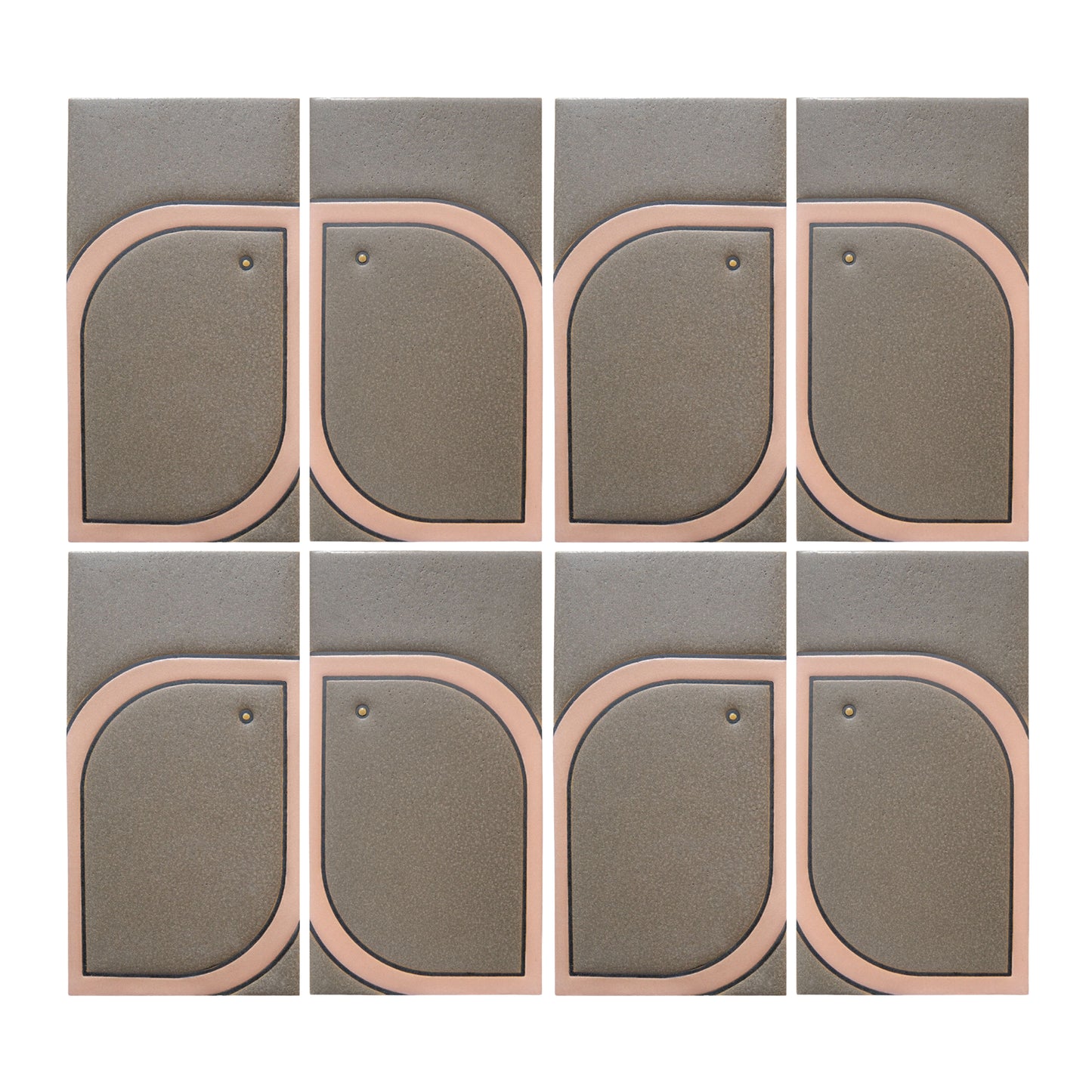 Eight textured grey-brown tiles by Clay Imports, arranged in a grid with peach-pink rounded geometric patterns and gold studs.