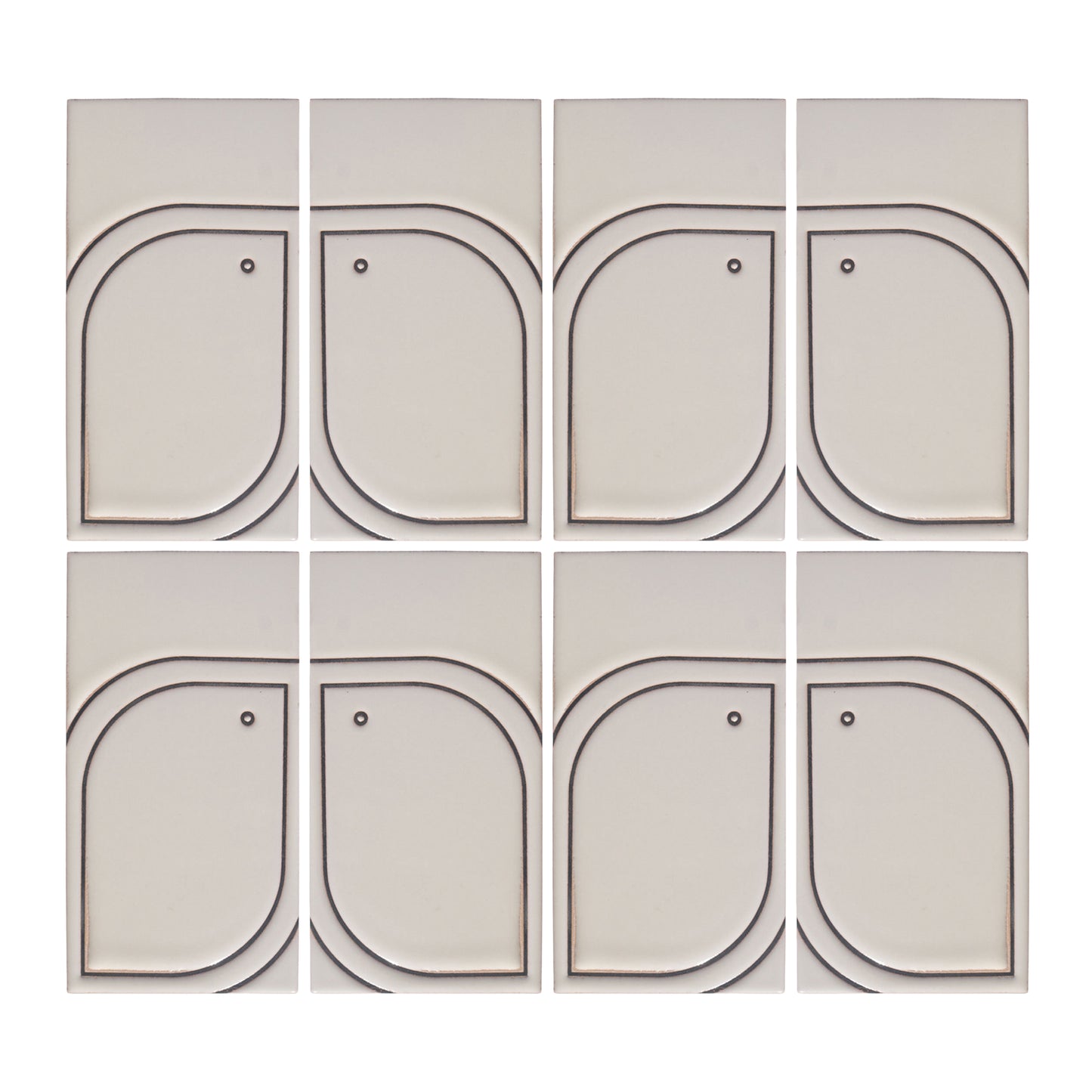 Eight light beige Pio Pio Petit Candela ceramic tiles by Clay Imports, featuring dark curved outlines and small dots.