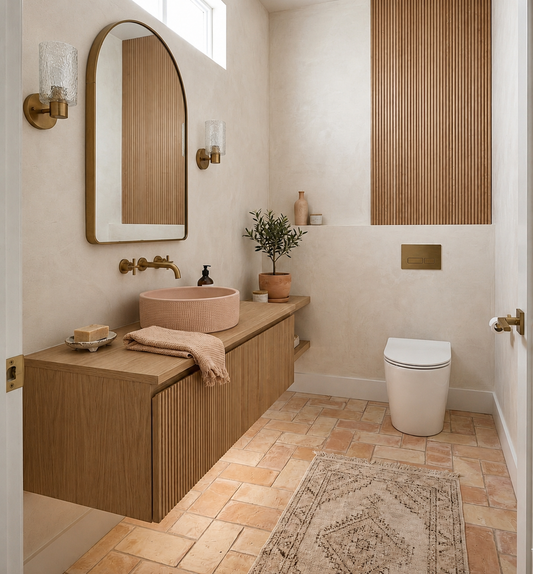 Antique Matte terracotta tiles by Clay Imports, in rustic reddish-orange hues, laid in a herringbone pattern on a bathroom floor with a rug.