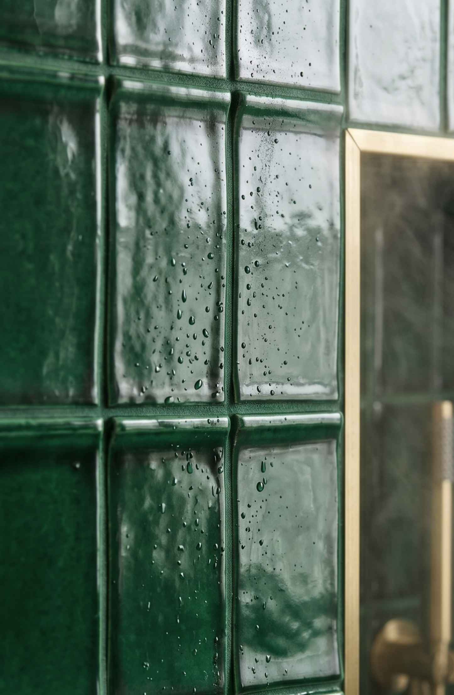 Green glossy rectangular tiles by Clay Imports with visible water droplets on a textured surface and a gold trim.