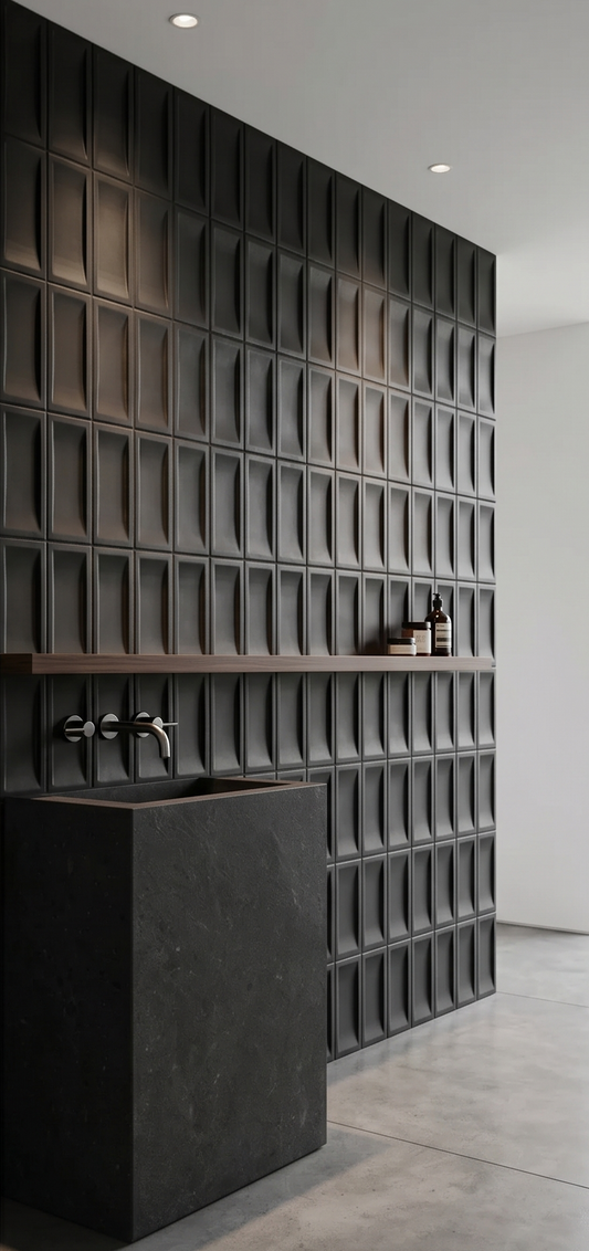 Black Suede Inversa Bota 4x8 tiles by Clay Imports featuring a unique embossed pattern on a bathroom wall with a dark stone sink.