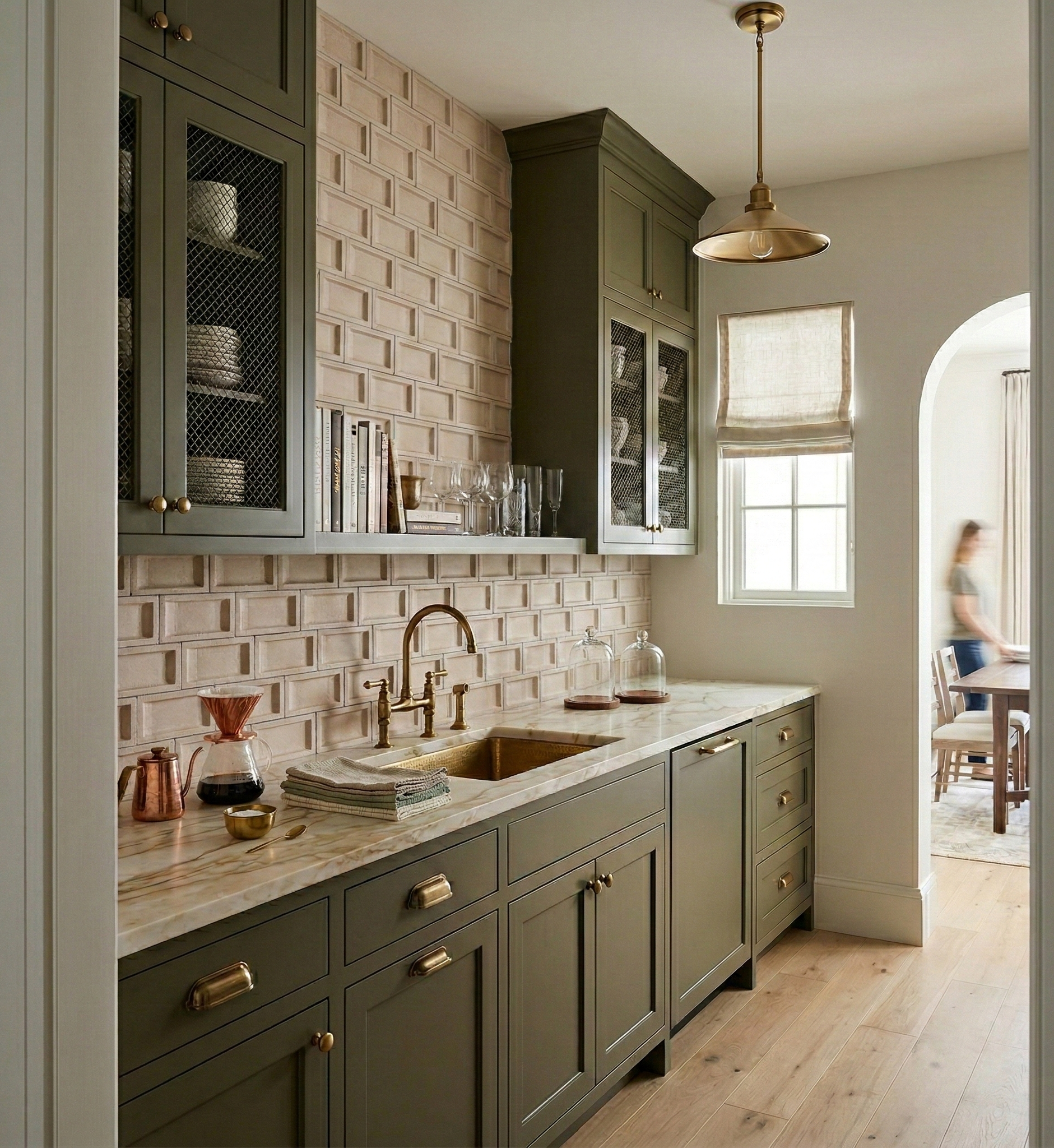 Opaque 4x8 dimensional tile by Clay Imports, forming a light beige kitchen backsplash with subtle shadow lines.