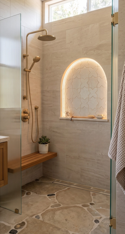Modern shower with glass enclosure, gold fixtures, and decorative wall tile.