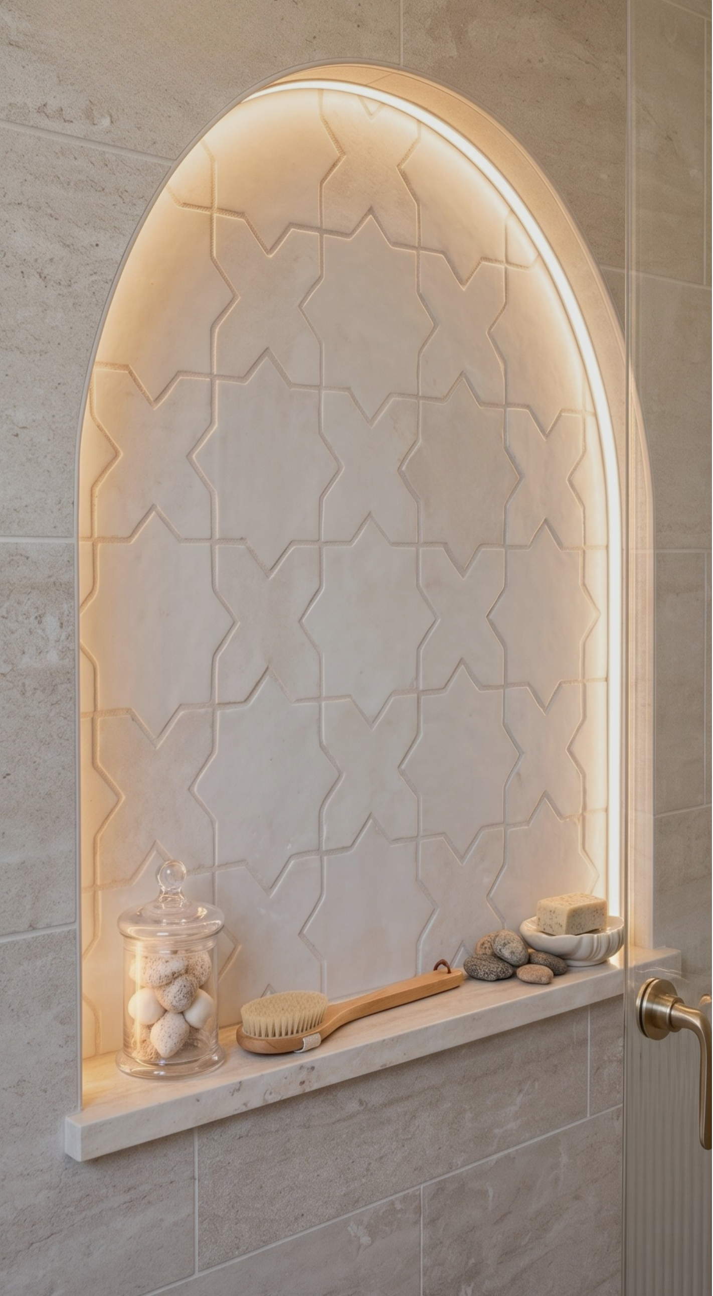 Arch-shaped tiled alcove with decorative items in a bathroom setting