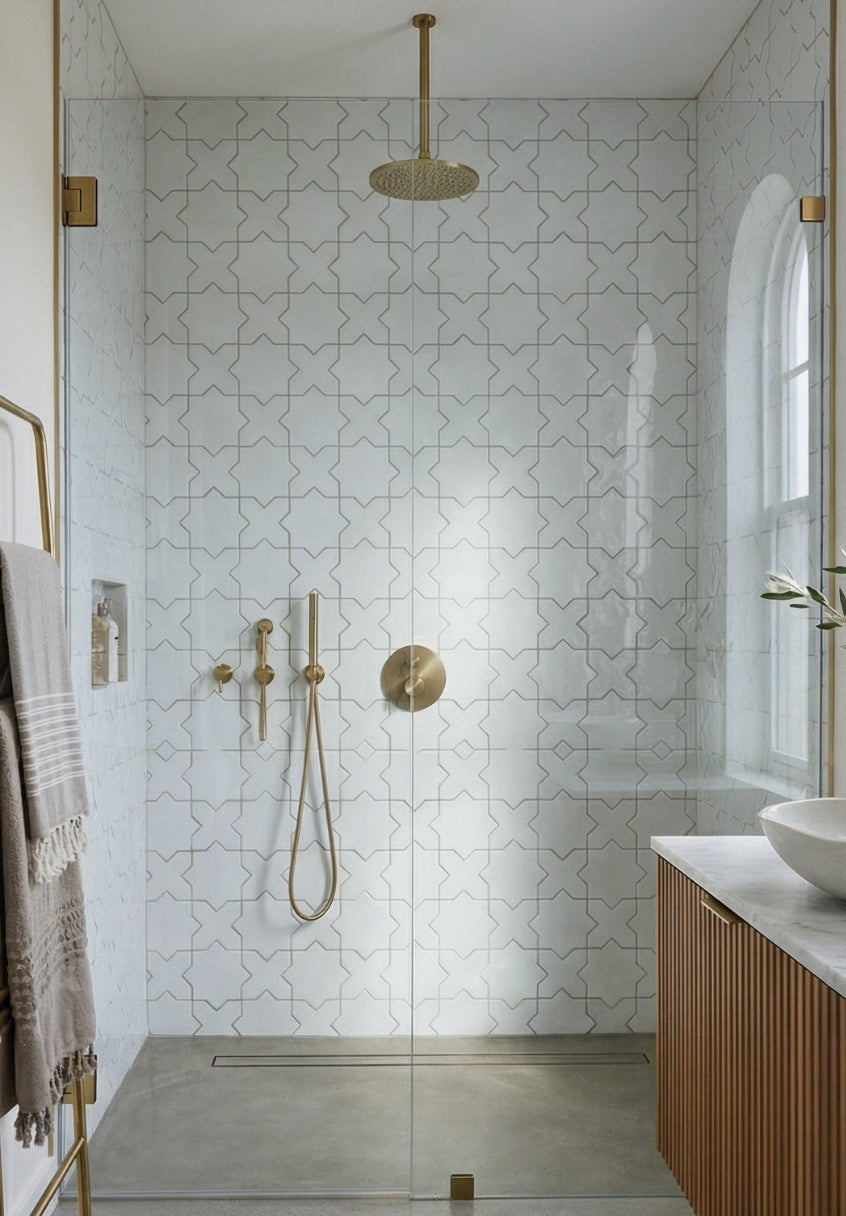 Spearmint Star & Cross 6 solid tiles by Clay Imports, forming a repeating pattern on a modern shower wall with brass fixtures.
