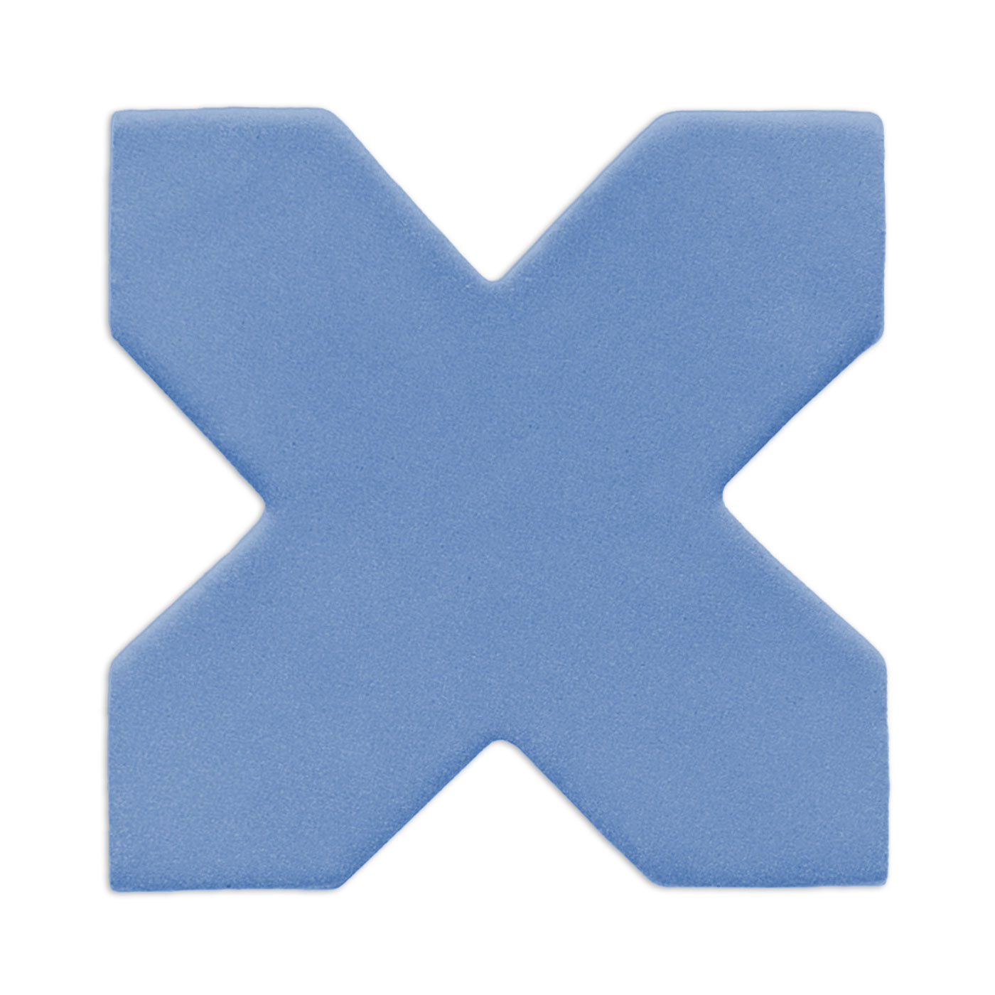 Denim blue X-shaped clay tile by Clay Imports with a subtle granular texture, casting a soft shadow.