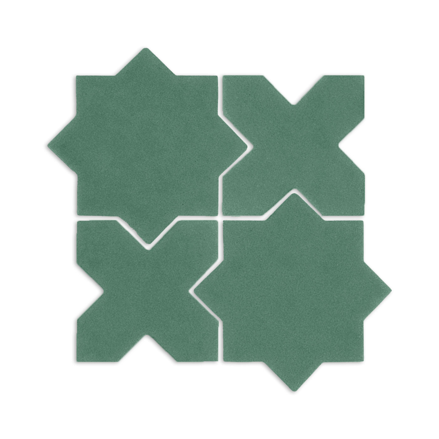 Green Star & Cross clay tiles by Clay Imports, arranged in a four-tile grid with interlocking shapes and a matte texture.