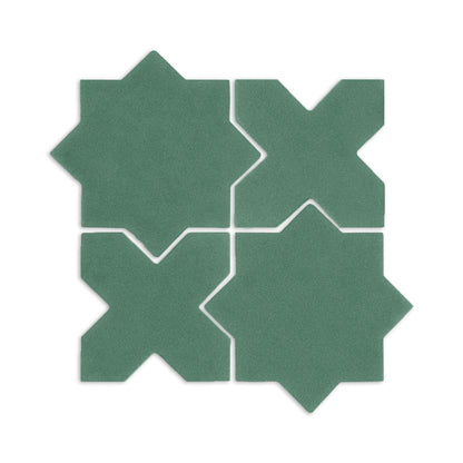 Green Star & Cross clay tiles by Clay Imports, arranged in a four-tile grid with interlocking shapes and a matte texture.