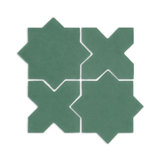 Green Star & Cross clay tiles by Clay Imports, arranged in a four-tile grid with interlocking shapes and a matte texture.