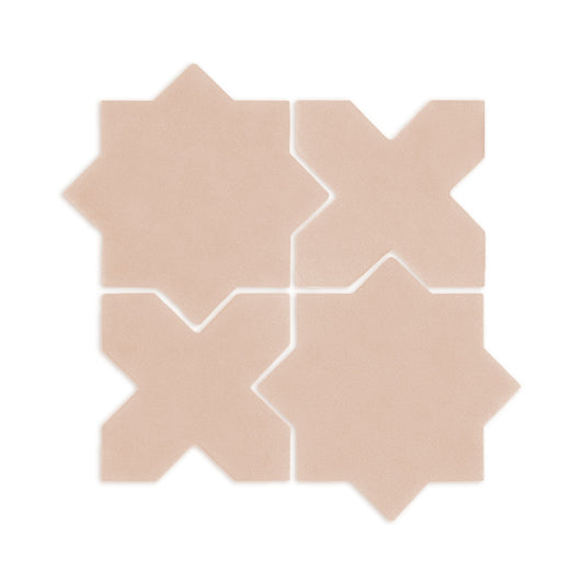 Star and cross shaped clay tiles in sand color by Clay Imports, arranged in a geometric pattern on a white background.