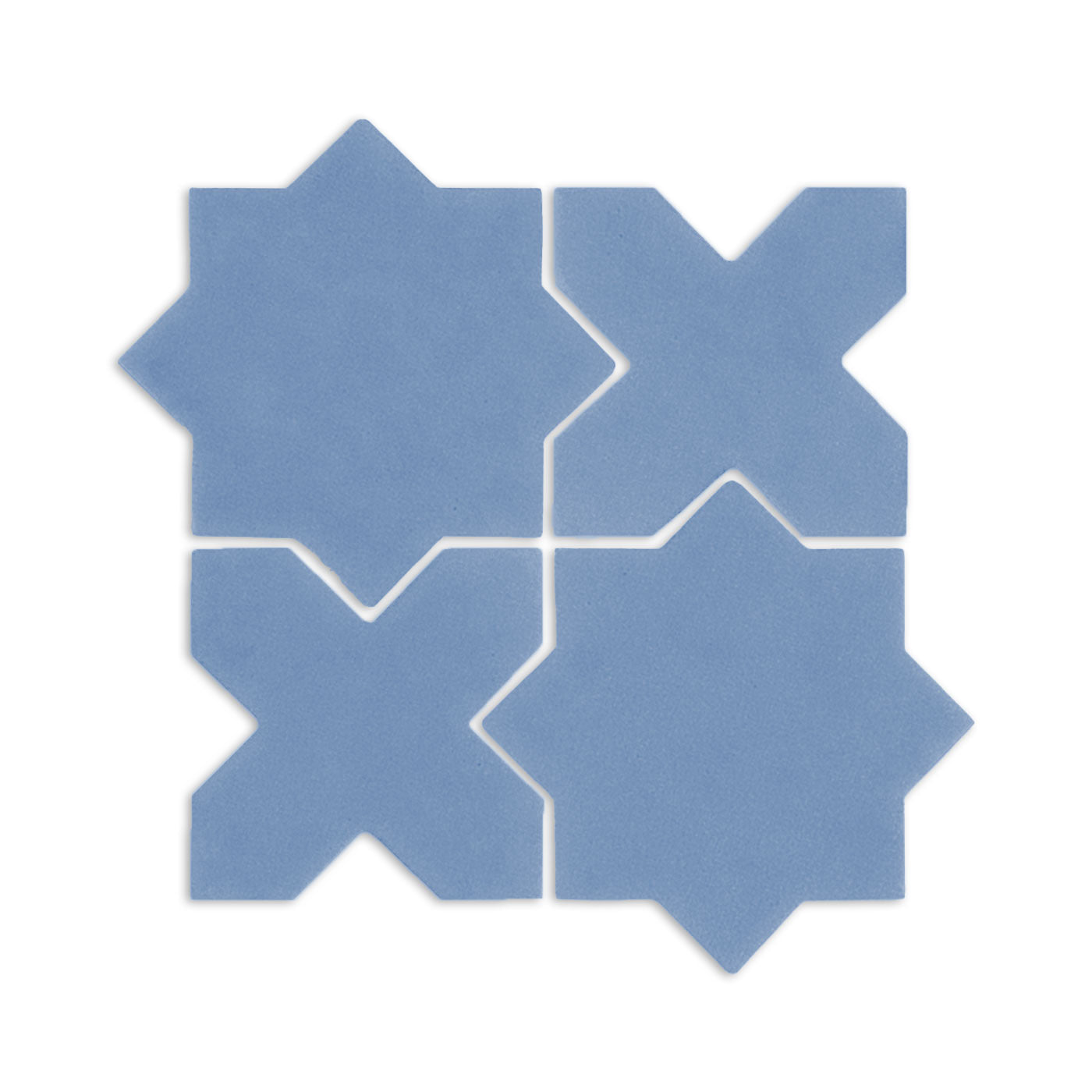 Denim blue star and cross clay tiles by Clay Imports, arranged in an interlocking square pattern on a white background.