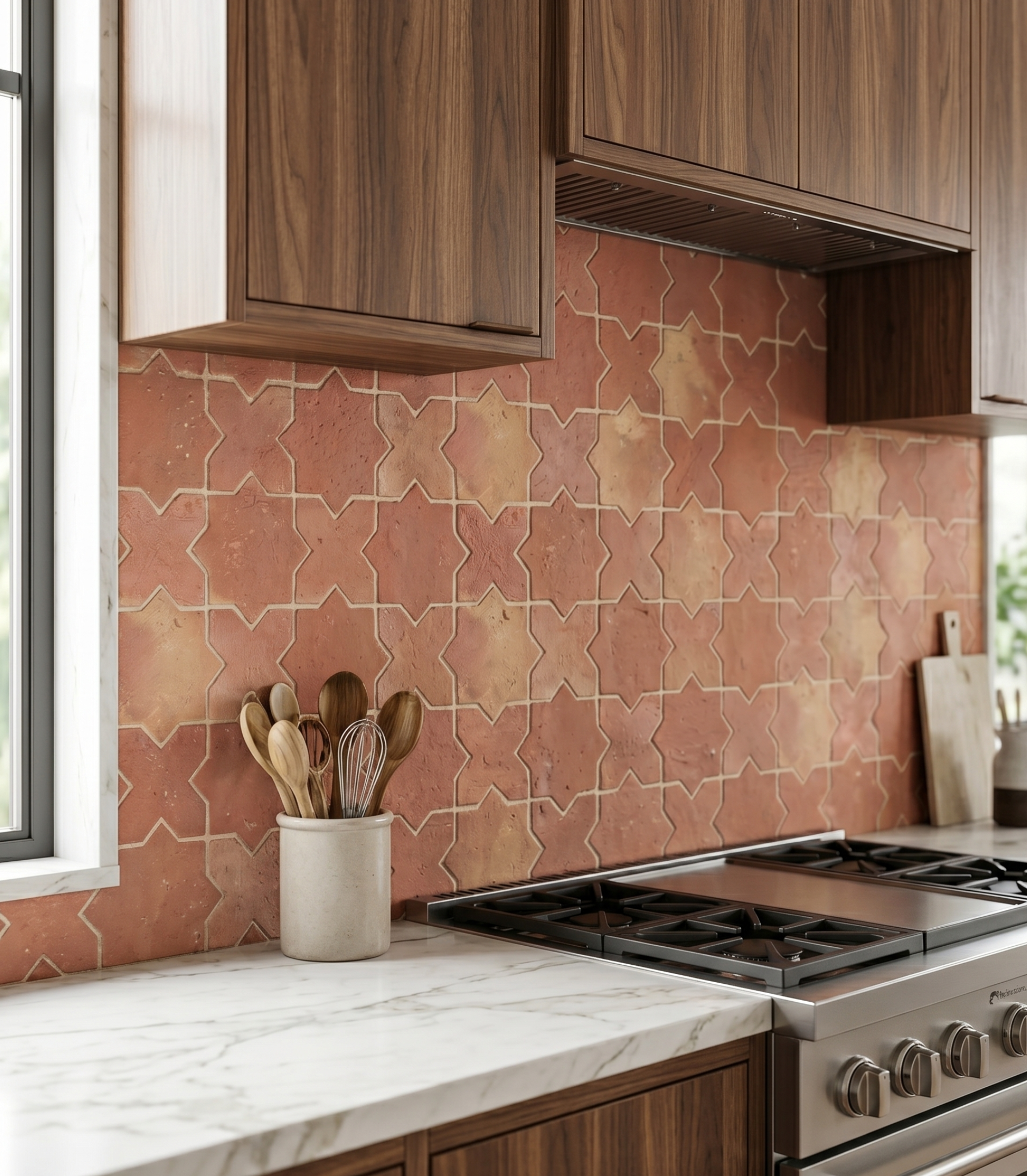 Star & Cross Antique Matte terracotta tile by Clay Imports, a reddish-orange kitchen backsplash with varied warm tones.