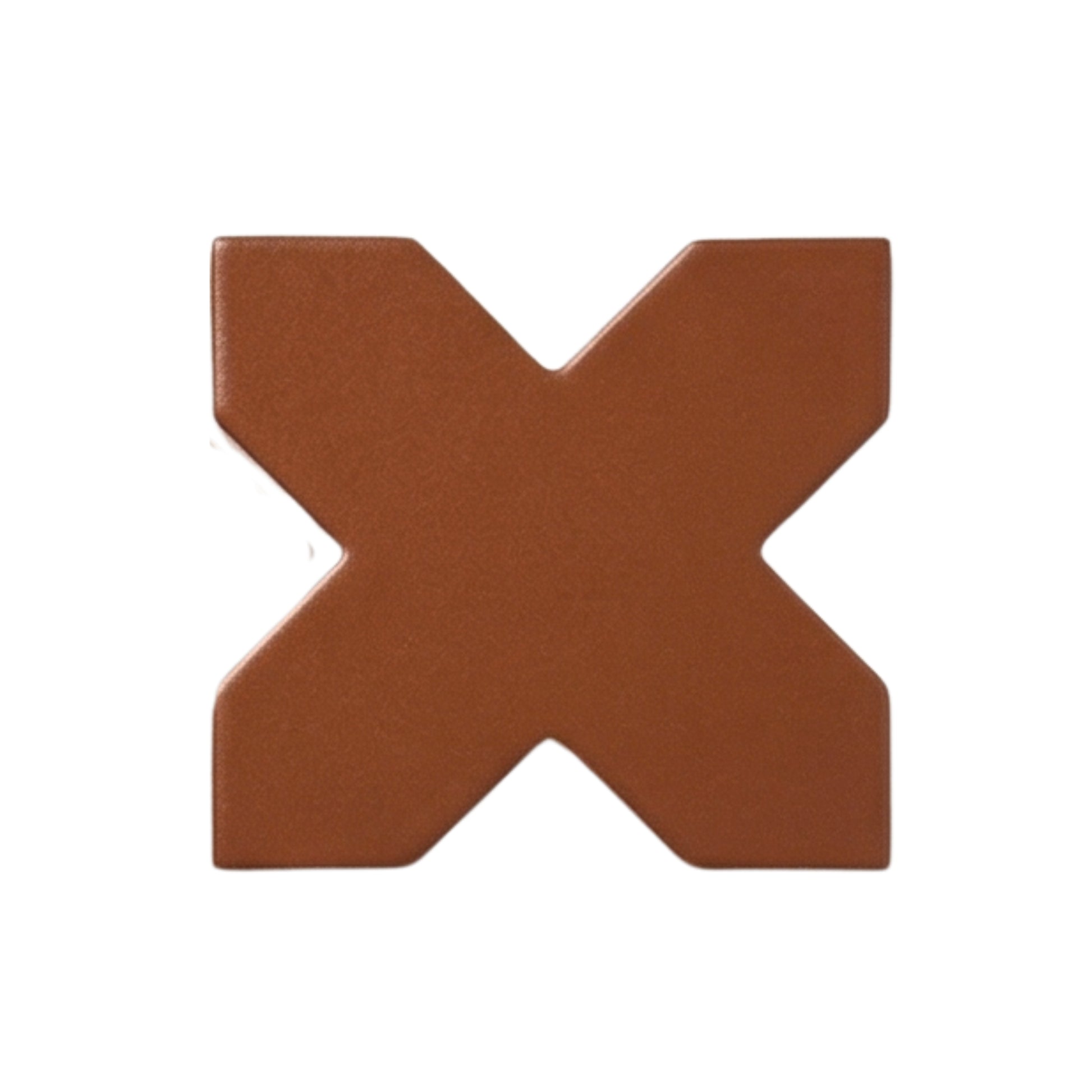Brown cross-shaped tile sample by Clay Imports with a matte finish and subtle texture.