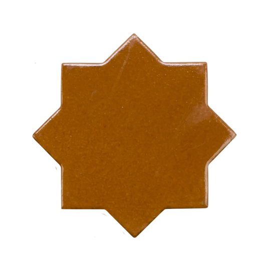 Cajeta-colored eight-pointed star tile by Clay Imports with a speckled, glossy finish.
