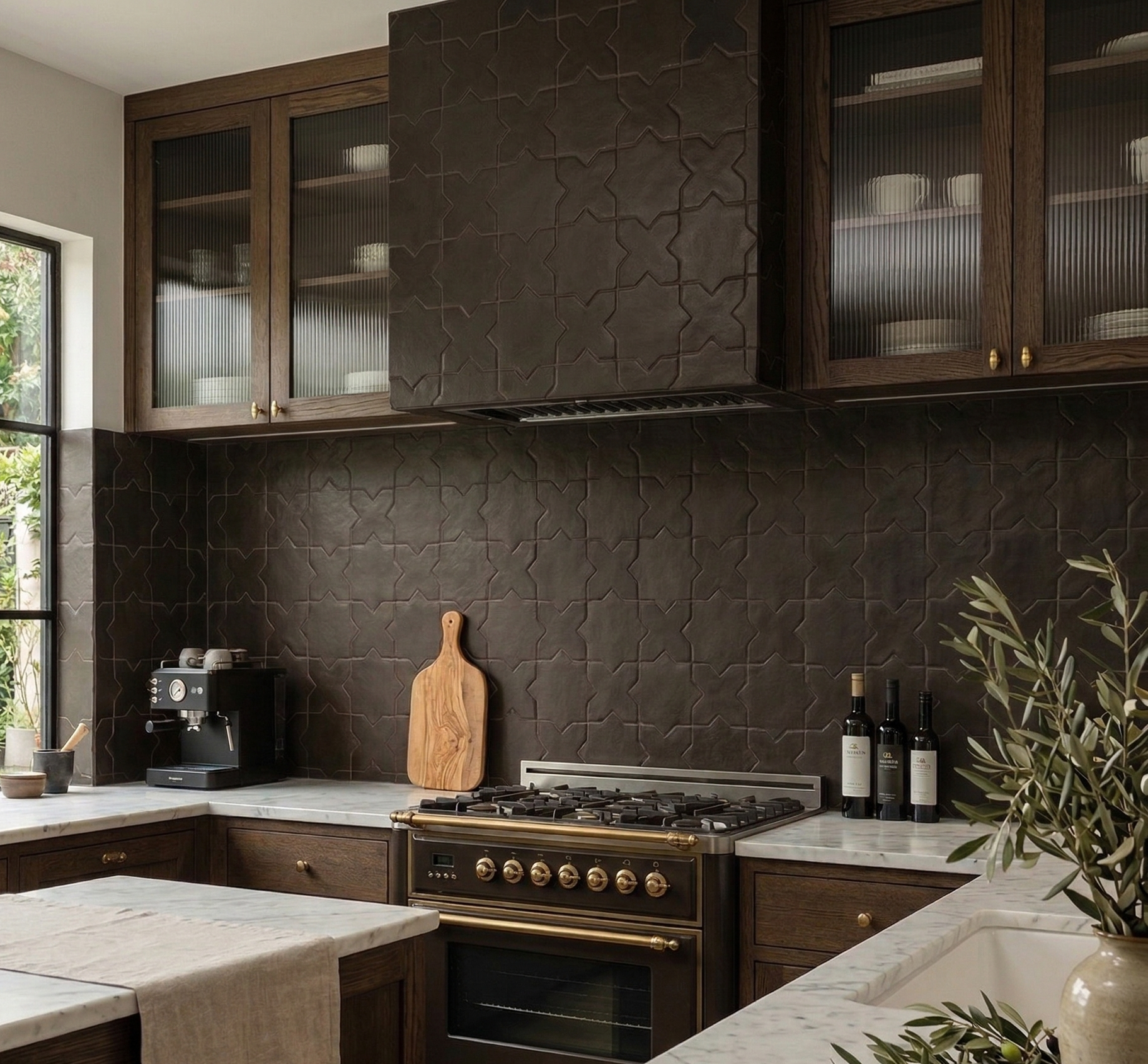 Black Suede Star & Cross Solid Tile by Clay Imports forming a kitchen backsplash and range hood with a textured matte finish.