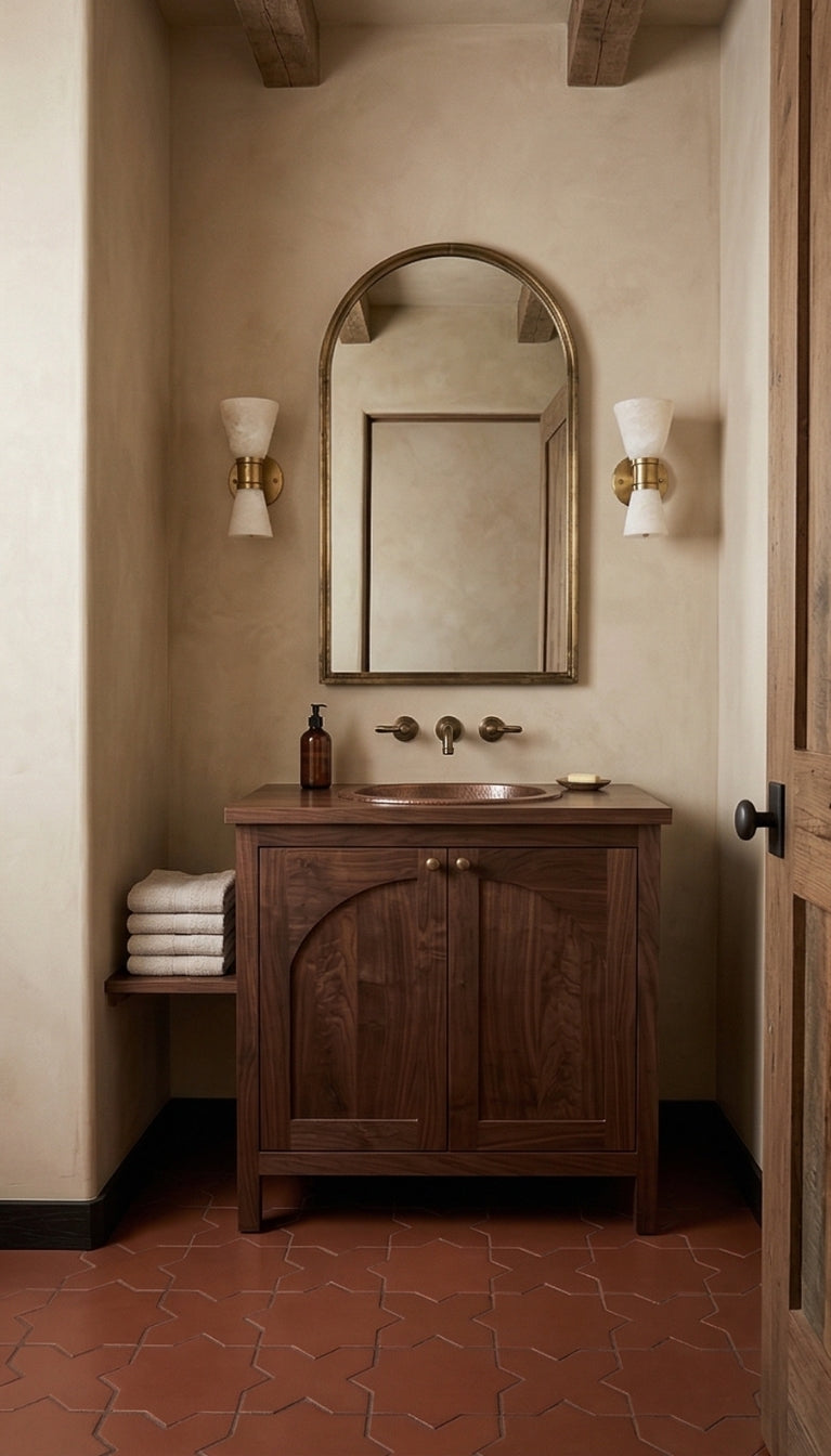 Cacao Star & Cross 6 Solid Tile by Clay Imports, featuring reddish-brown tiles with a geometric star and cross pattern.