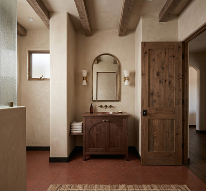 Cacao Star & Cross solid tile by Clay Imports, laid in a warm reddish-brown star and cross pattern on a bathroom floor.