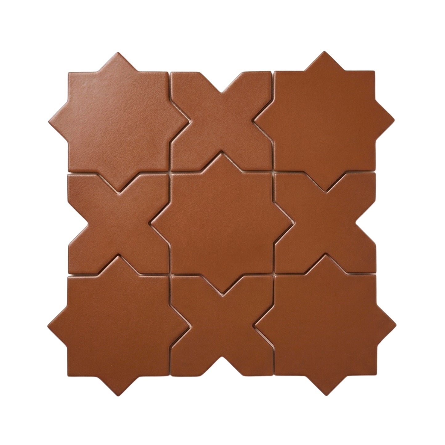 Cacao brown solid tile by Clay Imports in a geometric star and cross pattern with a matte finish, arranged in a grid.