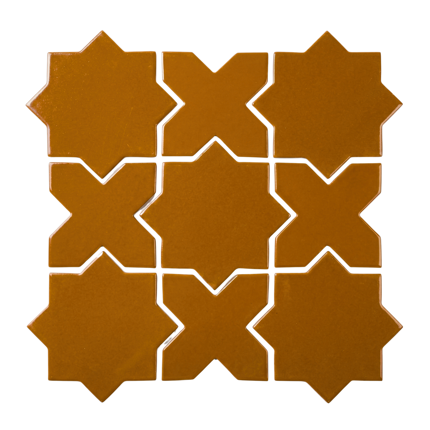 Brown solid Cajeta Star & Cross tile by Clay Imports, featuring an interlocking geometric pattern with a glossy finish.