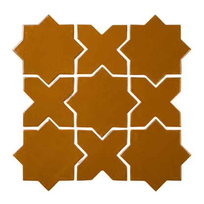 Brown solid Cajeta Star & Cross tile by Clay Imports, featuring an interlocking geometric pattern with a glossy finish.