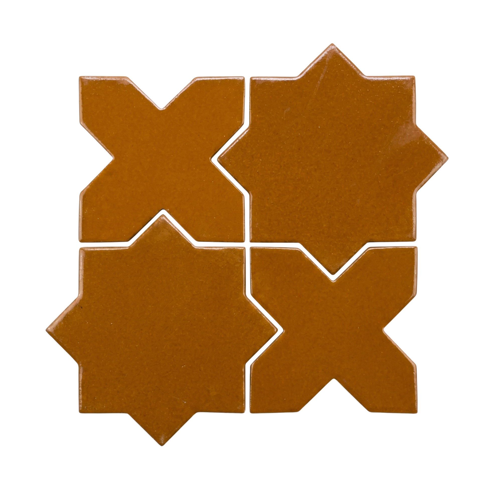 Brown Cajeta Star & Cross solid tile by Clay Imports, with four interlocking geometric pieces and a glossy finish.