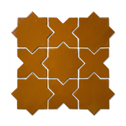 Cajeta Star and Cross tile by Clay Imports, arranged in a grid with glossy, rich brown interlocking geometric shapes.