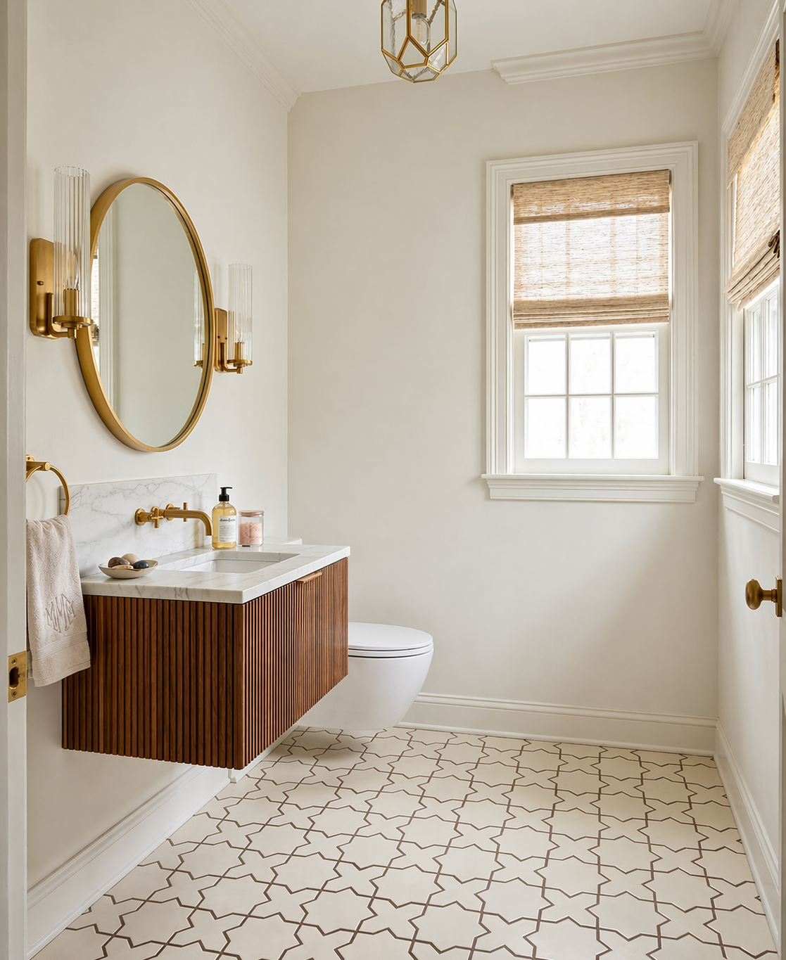 Leche Star & Cross solid tile by Clay Imports, forming a geometric pattern on a bathroom floor.