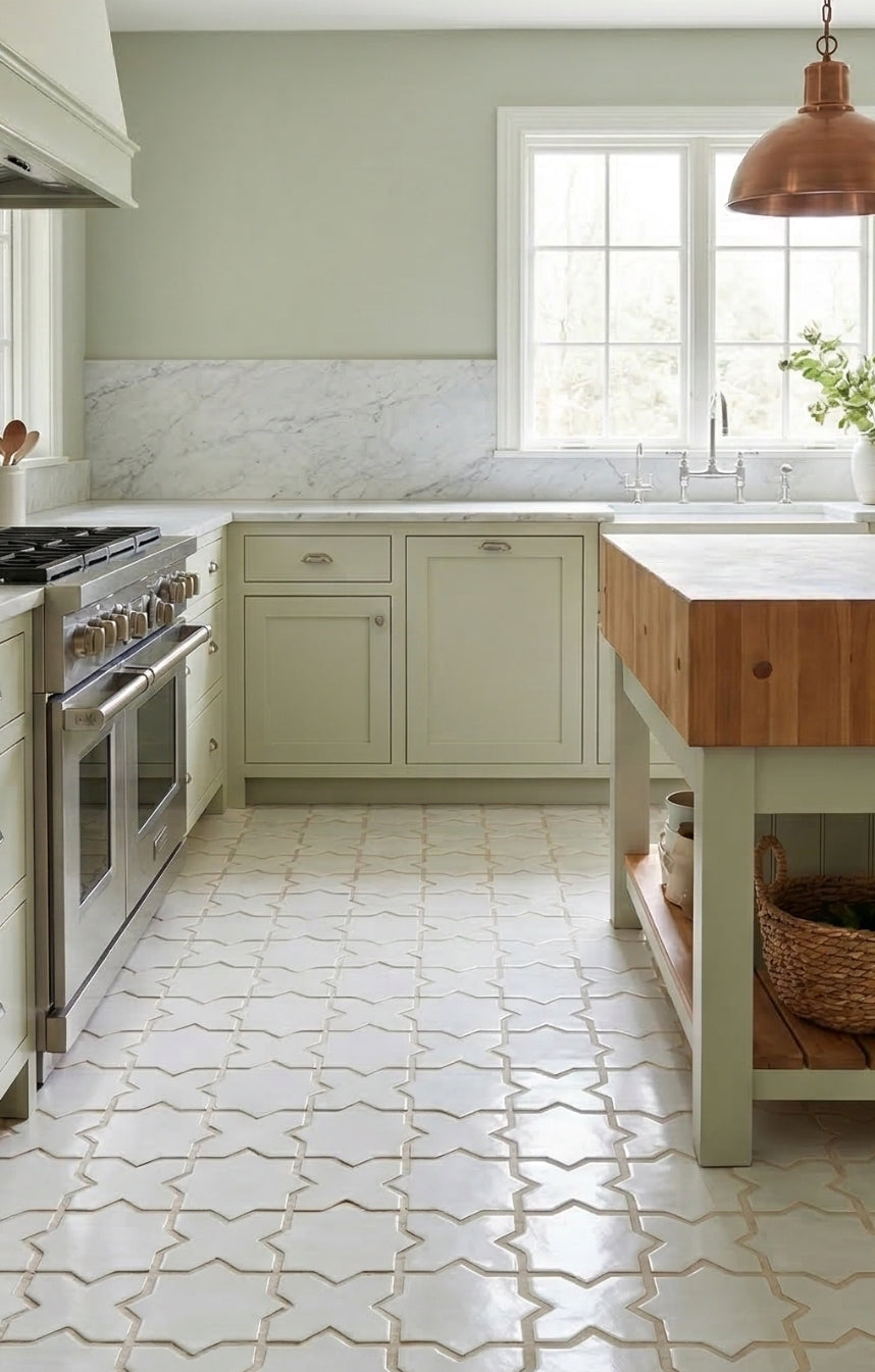 Creamy white Star and Cross solid tile by Clay Imports with a glossy finish on a kitchen floor.