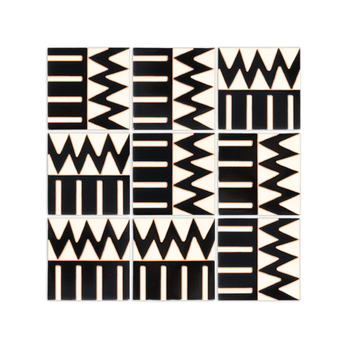 Black and off-white hand-painted tiles by Clay Imports, arranged in a grid with geometric zigzags and bar patterns.