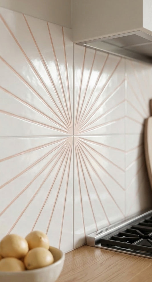 White gloss ceramic relief tile by Clay Imports, with pale pink lines forming a sunburst pattern, as a kitchen backsplash.