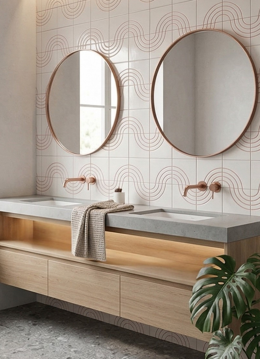 White hand-paint Relief Fresh Marco 6x6 tile by Clay Imports, featuring light brown wavy patterns in a modern bathroom setting.