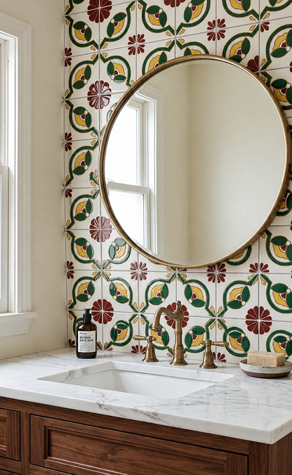 Relief Talavera tile by Clay Imports with an intricate cream, red, green, and yellow floral pattern.