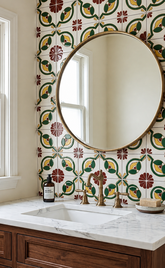 Relief Talavera tile by Clay Imports with an intricate cream, red, green, and yellow floral pattern.