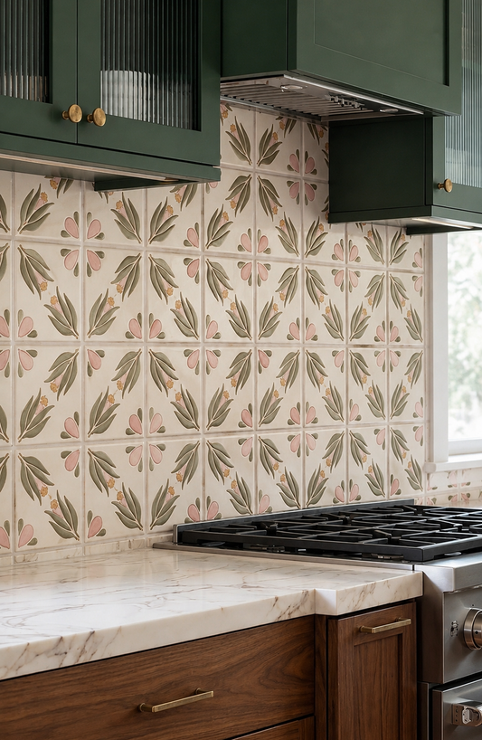 Relief Talavera tile by Clay Imports, featuring Mnookmi Primavera pink flower and green leaf pattern on an off-white kitchen backsplash.