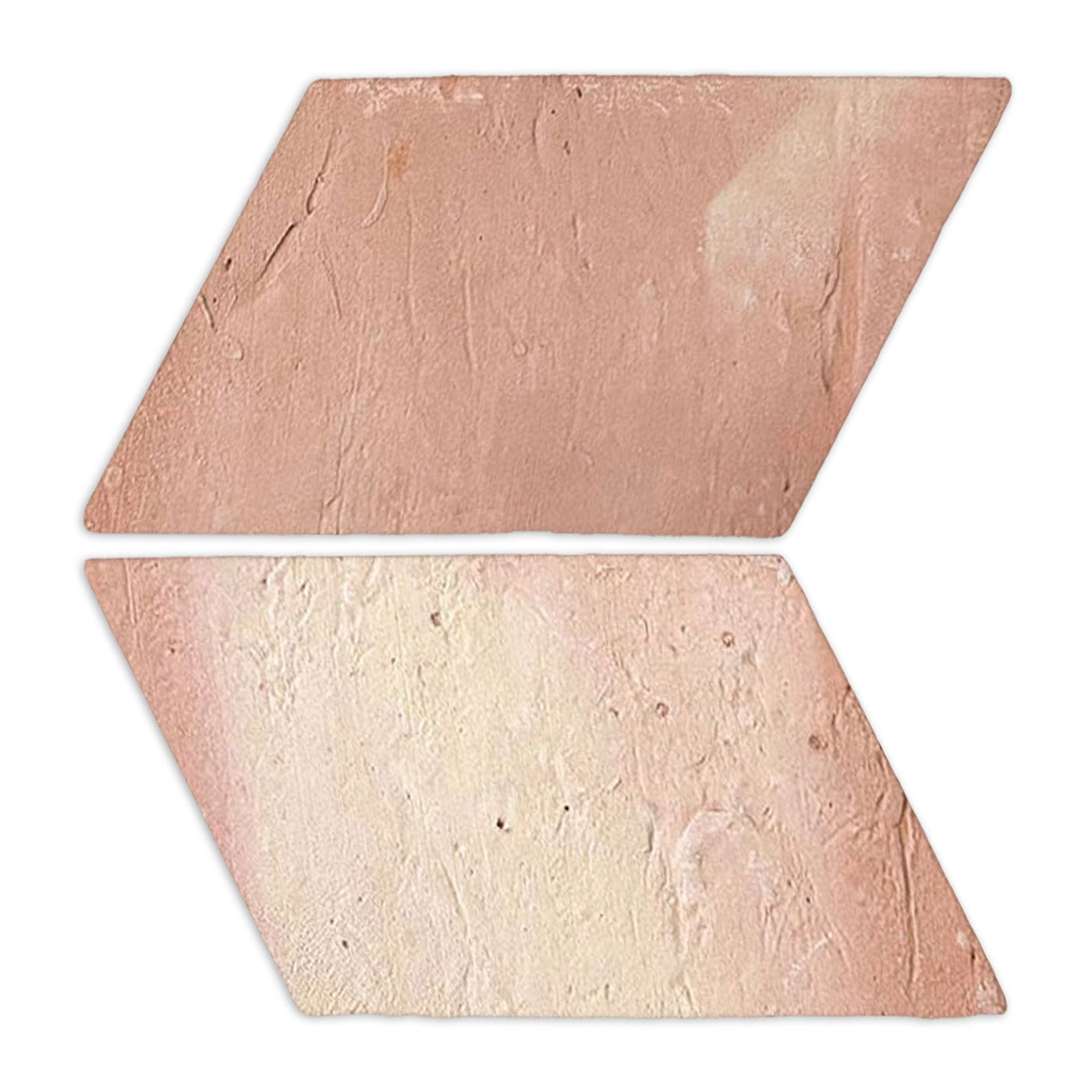 Two right-pointing parallelogram terracotta tiles by Clay Imports, antique matte finish in soft pinkish-brown and cream hues, showcasing a rustic texture.