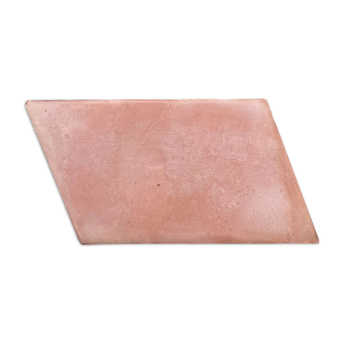 A smooth matte terracotta parallelogram tile by Clay Imports in a reddish-brown hue, showing a left-side cut.