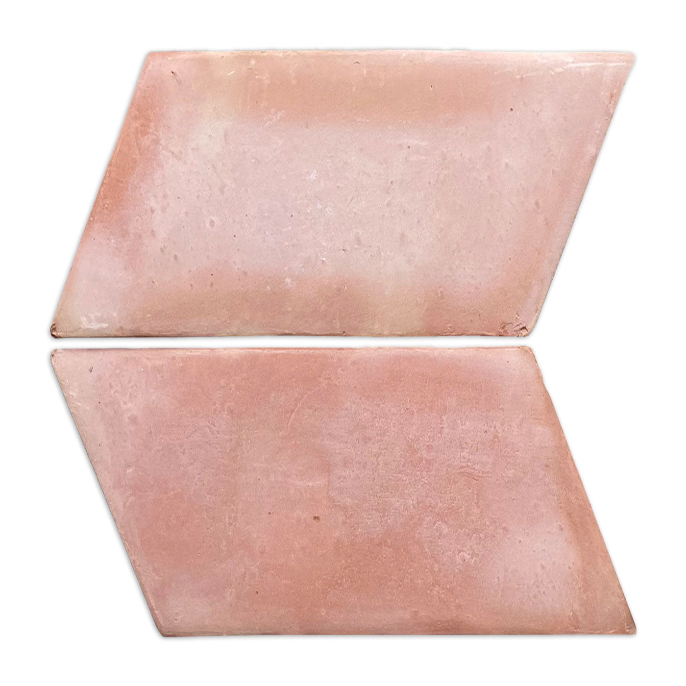 Two reddish-pink parallelogram terracotta tiles by Clay Imports with a smooth matte finish, arranged horizontally.