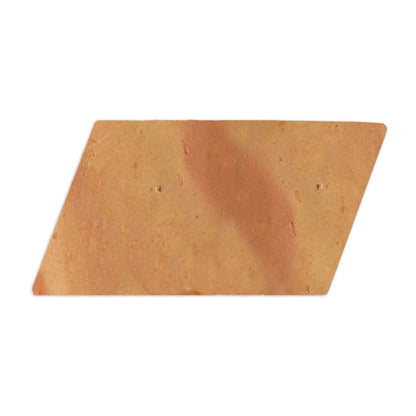 Smooth satin terracotta parallelogram tile by Clay Imports, 6x12, with a diagonal reddish stripe and subtle surface texture, shown from the right side.