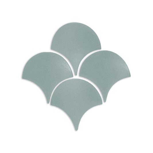 Sage green Abanico clay tiles by Clay Imports arranged in a fan pattern.