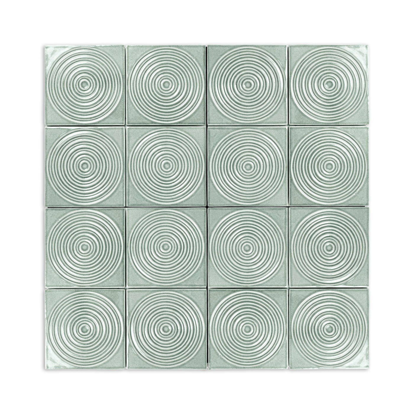 Light grey-green glossy ceramic tiles by Clay Imports, each with a raised concentric circle pattern in a 4x4 grid.