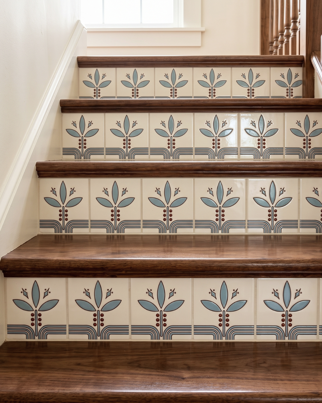 Decorative tile design on wooden stairs with floral patterns