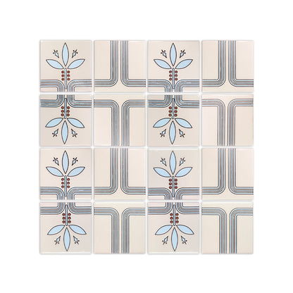Cream pattern tile by Clay Imports with a modular blue floral and connecting linear design.