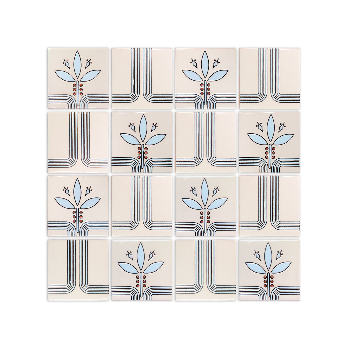 Cream pattern tile by Clay Imports with a repeating art deco inspired design of blue leaves, red berries, and interconnecting dark lines.