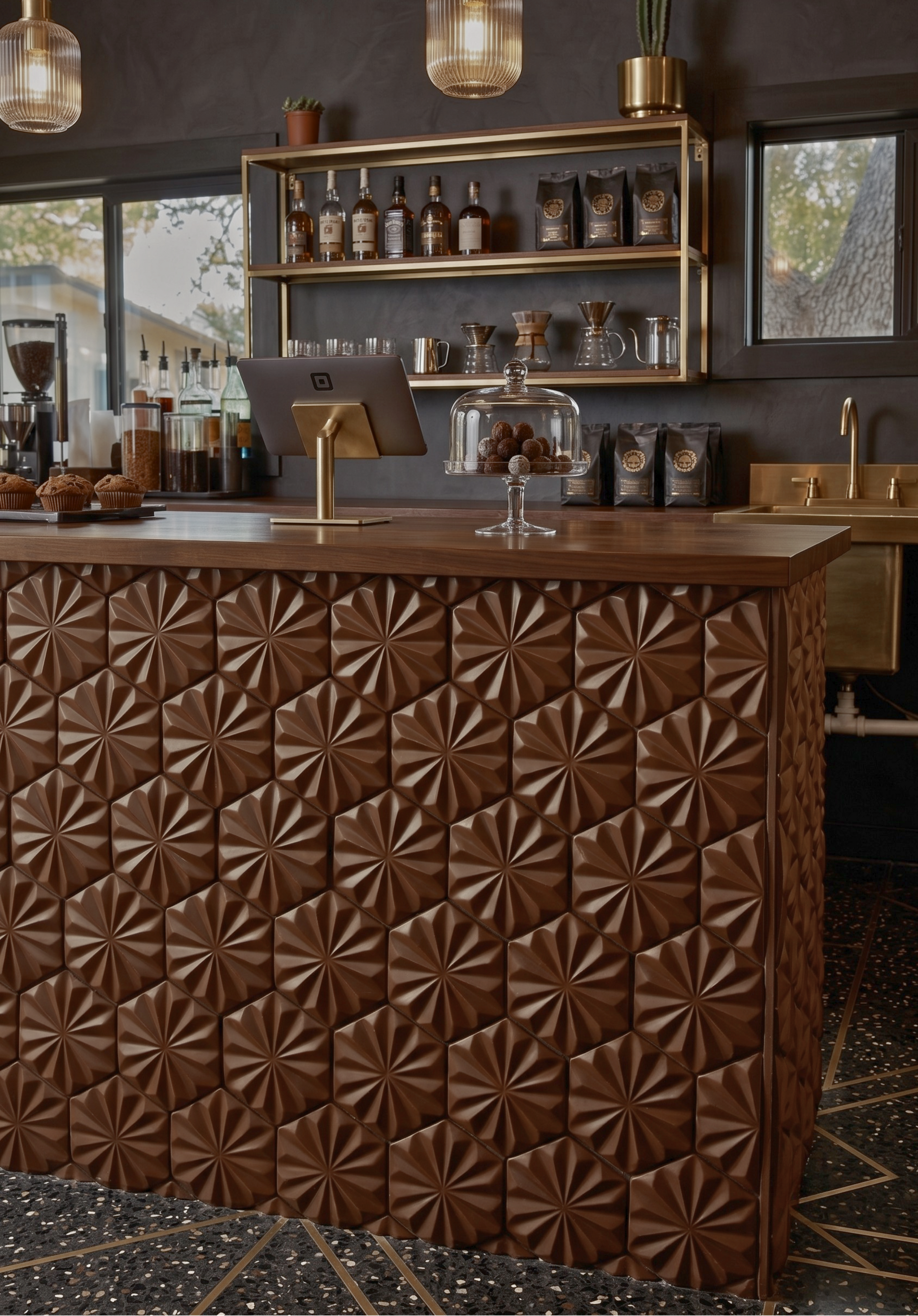 A dark brown textured bar counter with a geometric starburst pattern, set in a modern bar interior with brass shelving and pendant lights.