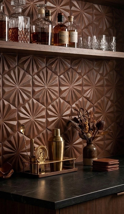 Cacao-colored hexagonal solid tiles by Clay Imports with a 3D fan pattern, forming a stylish bar backsplash.