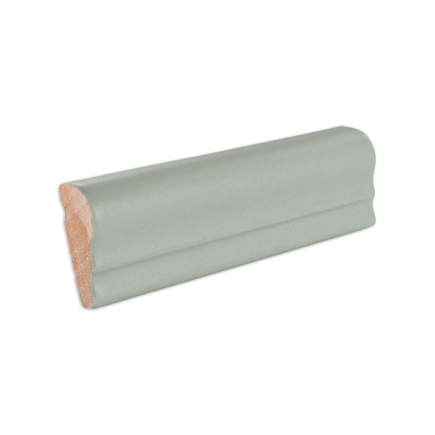 Agave green and terracotta chair rail trim by Clay Imports, with a ridged green top and rustic clay base.