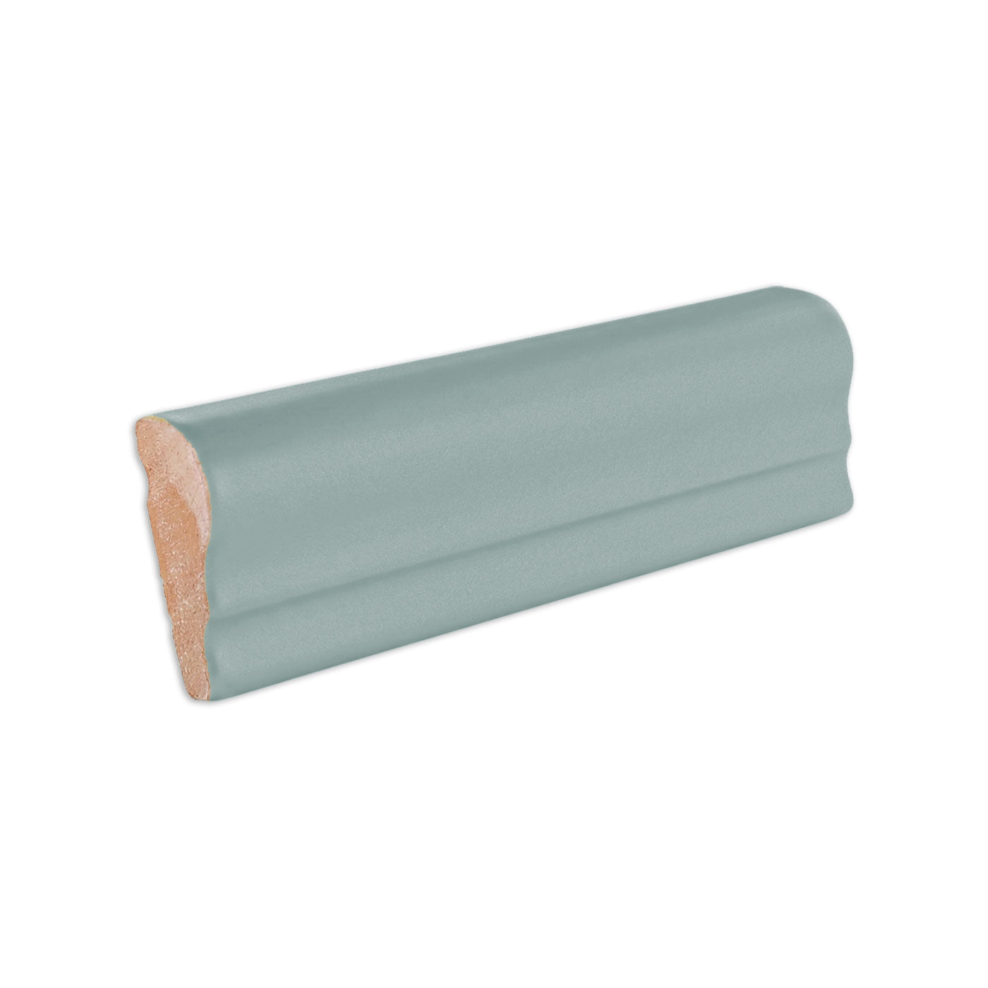 Greenish-grey chair rail solid tile trim by Clay Imports, with a reddish-brown exposed clay base.