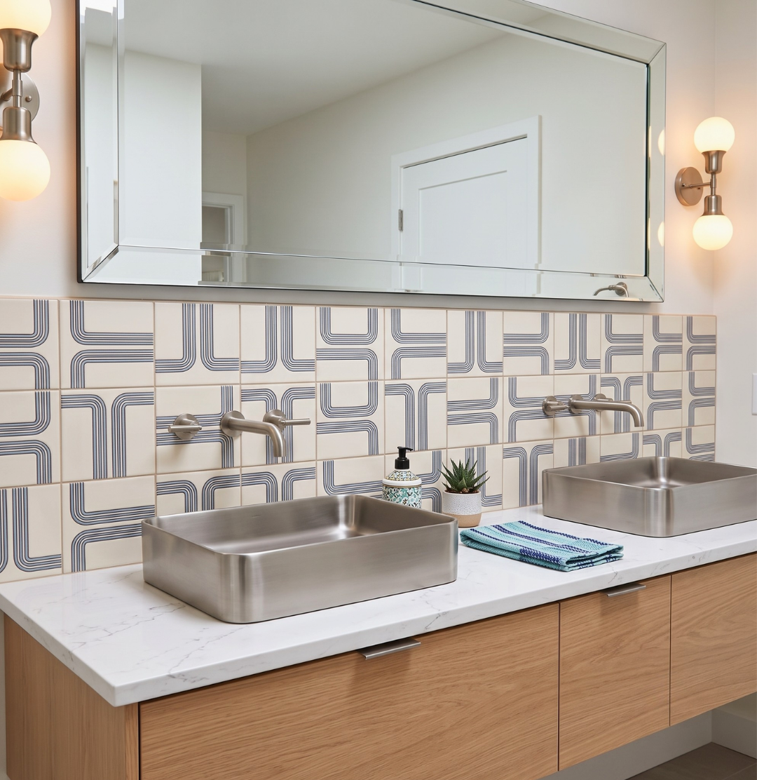 Bathroom vanity with two stainless steel sinks, a mirror, and decorative tiles.