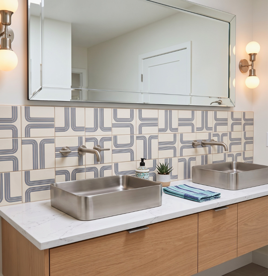 Bathroom vanity with two stainless steel sinks, a mirror, and decorative tiles.