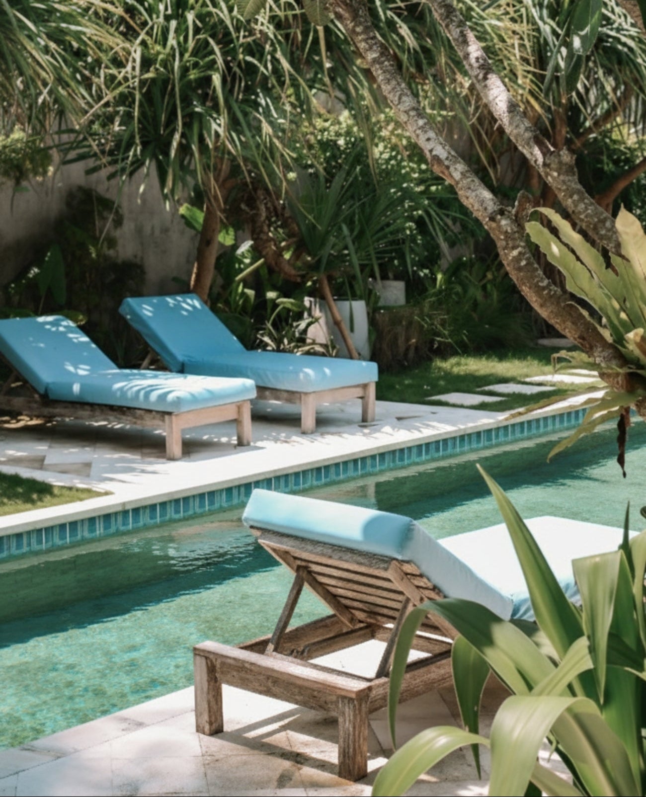Teal small square pool waterline tiles by Clay Imports lining a turquoise pool, surrounded by white patio tiles and lush tropical plants.